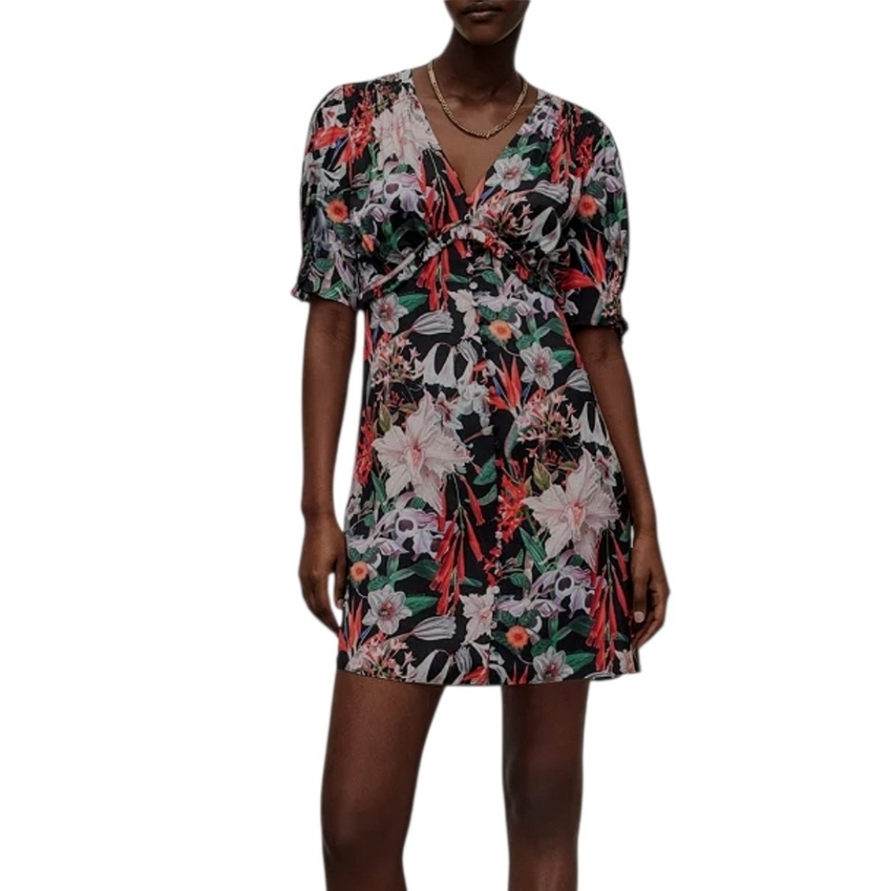 All Saints Demi Leondra Black Floral Short Sleeve V-neck Coquette Mini Dress 4